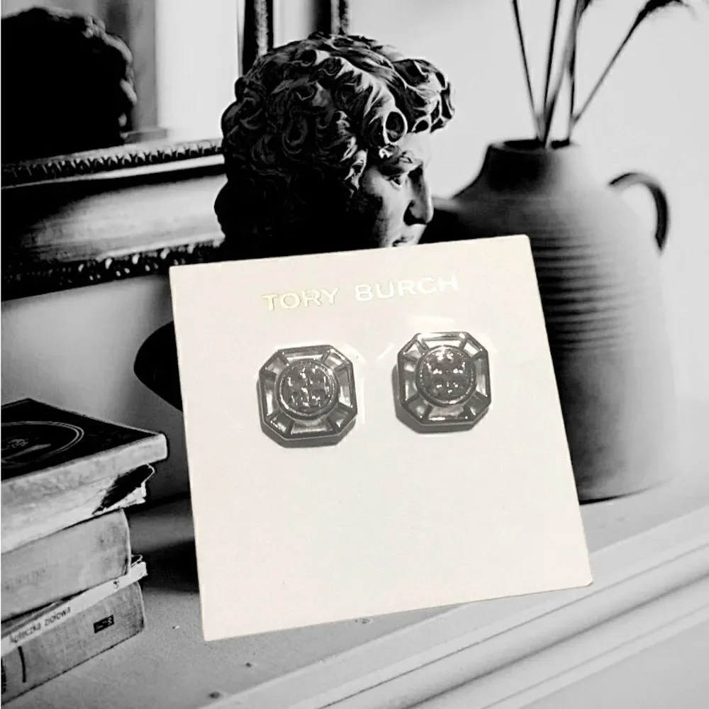 TORY BURCH DOUBLE T LOGO STUD SILVER EARRINGS